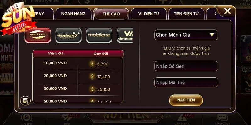 Thẻ cào điện thoại là phương thức giao dịch Sunwin tiện lợi cho người chơi
